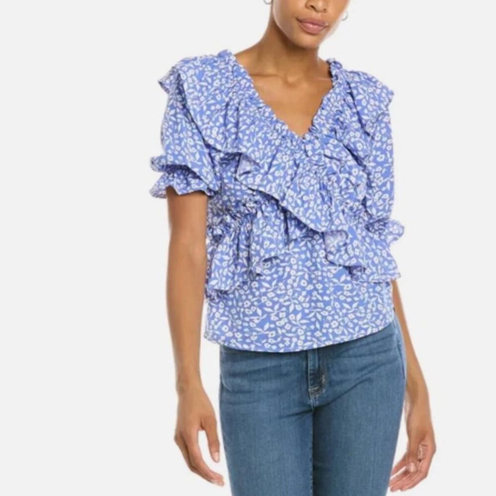 ☆70F/21C Blue and White Floral Print Ruffle Trim Top☆